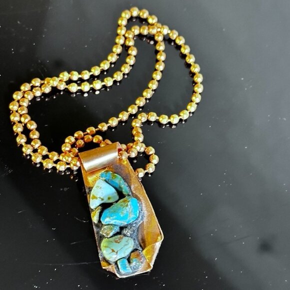 Kingman Turquoise Copper Pendant Necklace Brutalist Gift Choker 16" Handmade - Picture 2 of 6